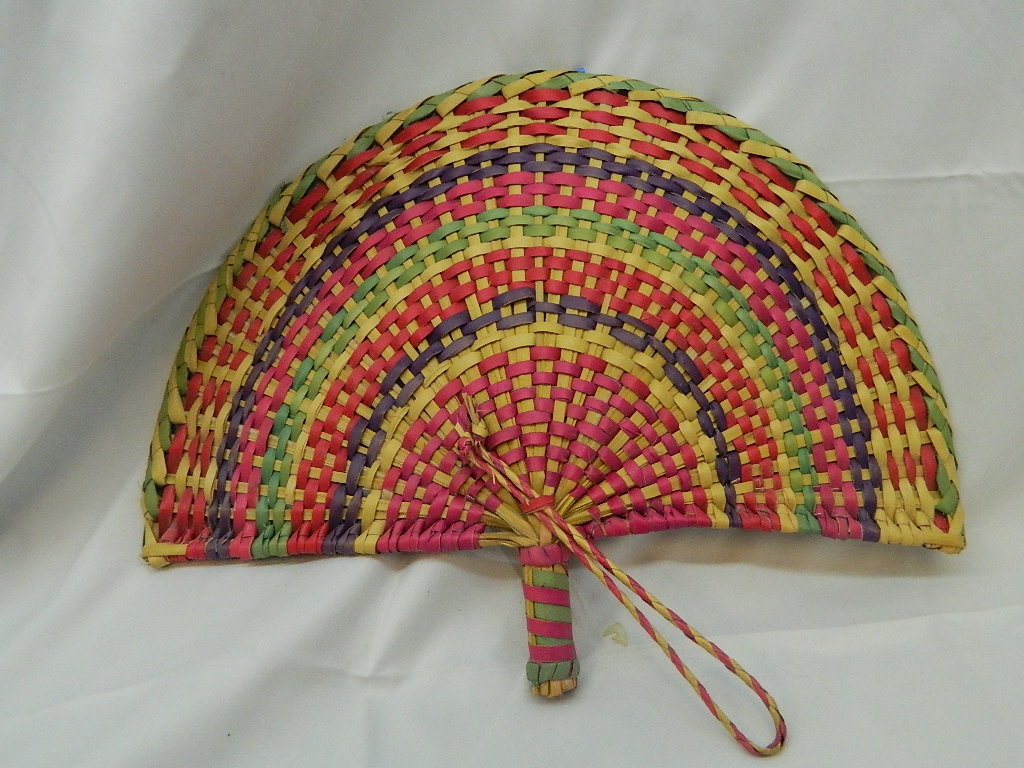 OE4128 Vintage Wicker Weaved Hand Fan MultiColored 10.5 x 14.5 in
