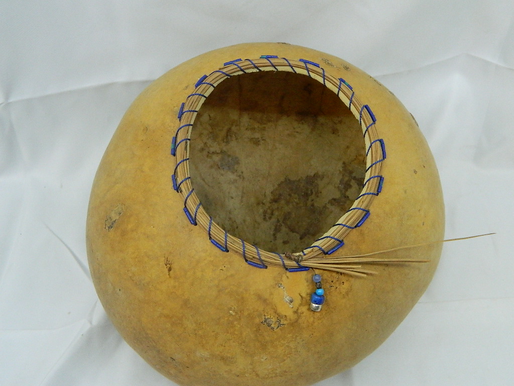 ML3790 Vintage Large Native Looking Beaded Gourd Water Container