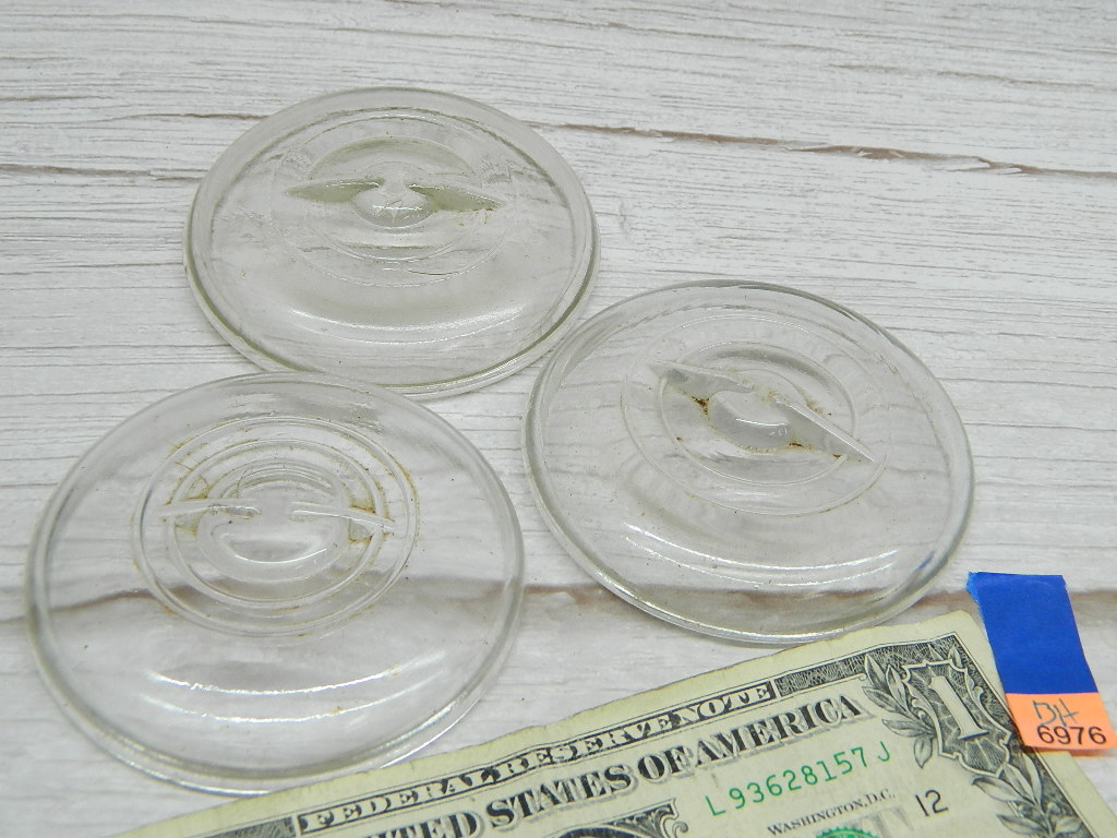 BH6976 Collection of 3 Vintage Glass BALL Mason Jar Lids ‘3.25in
