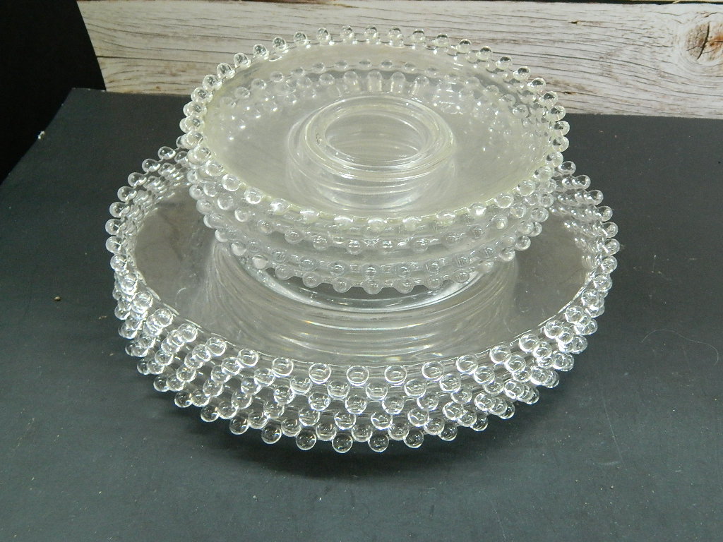 AA7901 Old Clear Glass Hob Nail Edged Set of 11 Dessert Plates and